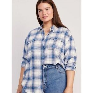 Old‎ Navy Boyfriend Shirt Womens Medium Blue Plaid Flannel Soft Classic Cotton